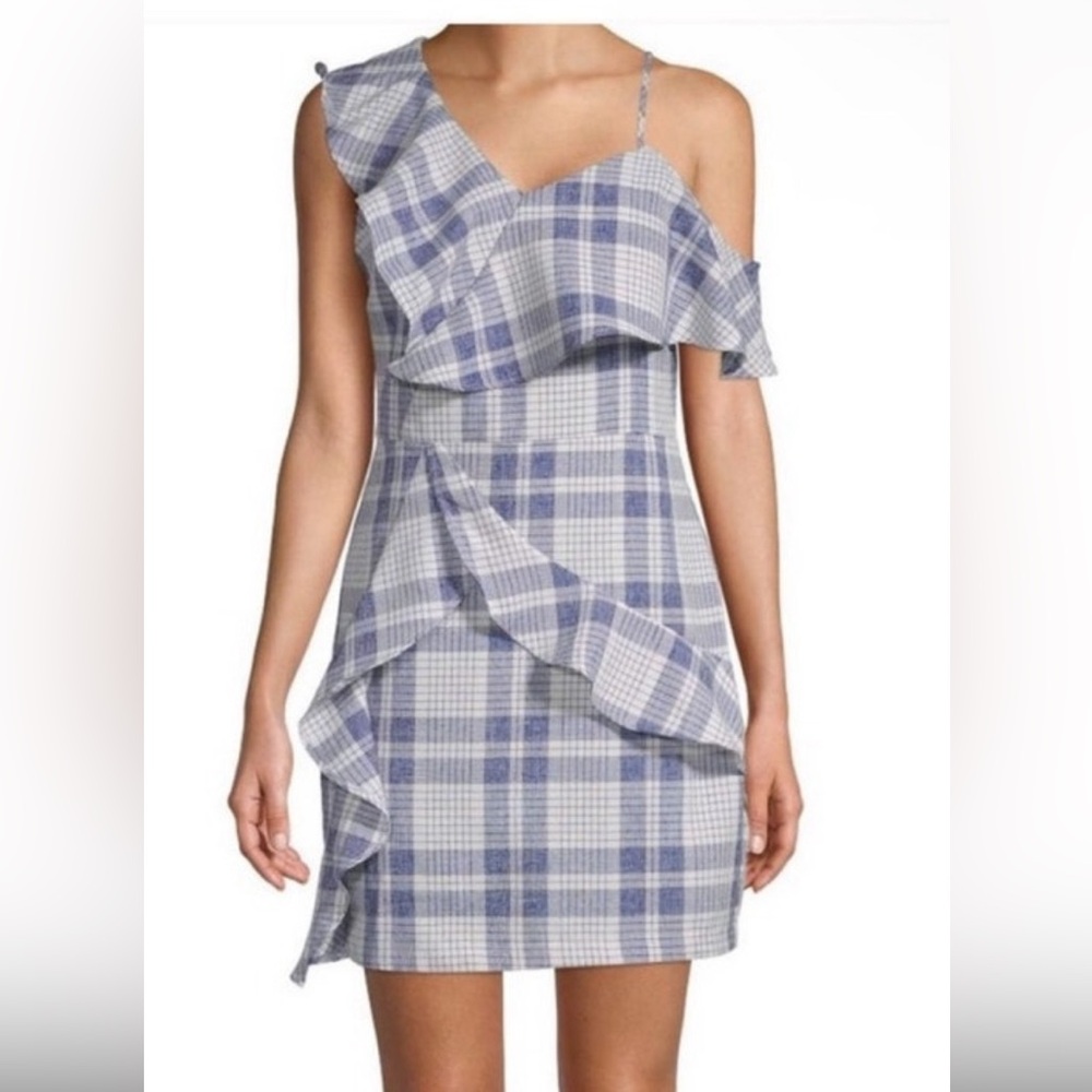 Endless Rose One Shoulder Ruffle Mini Dress Blue White Plaid Asymmetrical S NWT - Picture 1 of 7